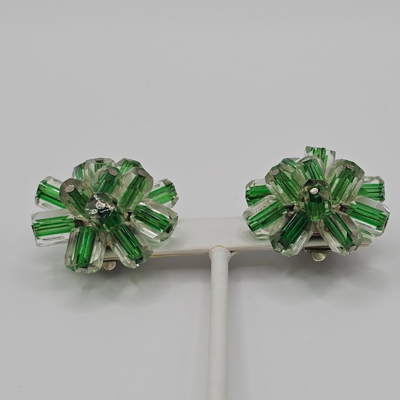 Vtg Mid-Century Atomic Starburst Green Stripe Glass Cluster Clip Earrings Japan - Picture 9 of 13